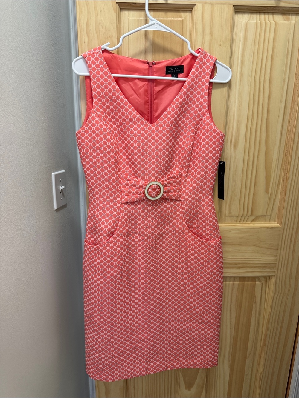 Tahari ASL Coral Printed Sheath Dress with Decorative Belt